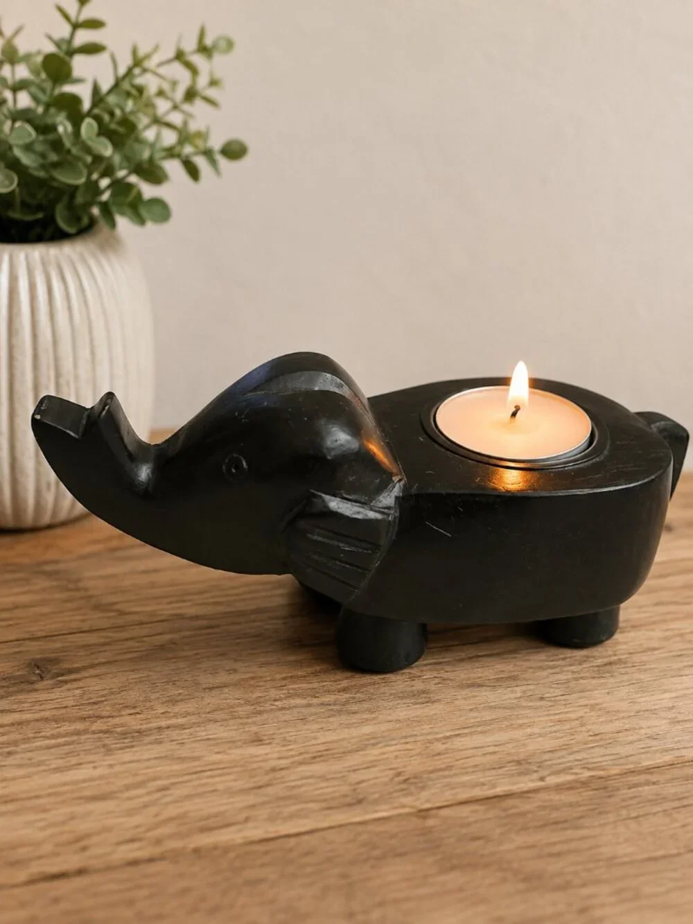 Vintage Black Elephant Tea Light Candle Holder Carved Wood Figurine 7